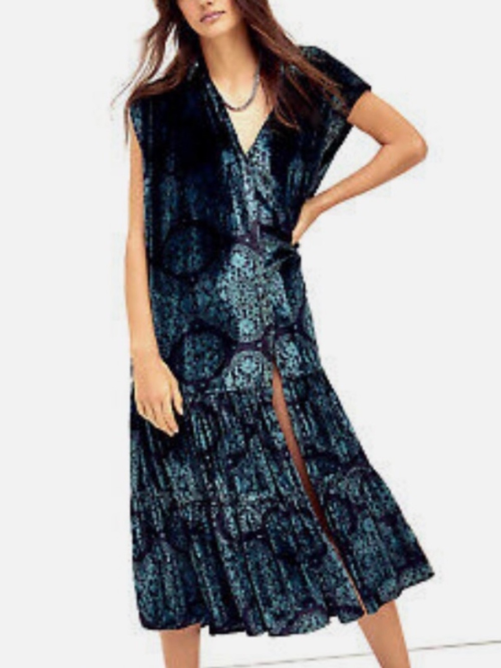 Free People On My Mind Velvet Maxi Dress Kimono Women’s Large Tiered Dark Green